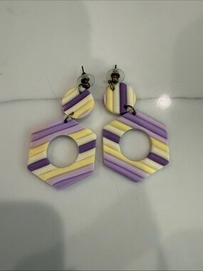 Striped Hexagon Drop Earrings - Purple & Cream